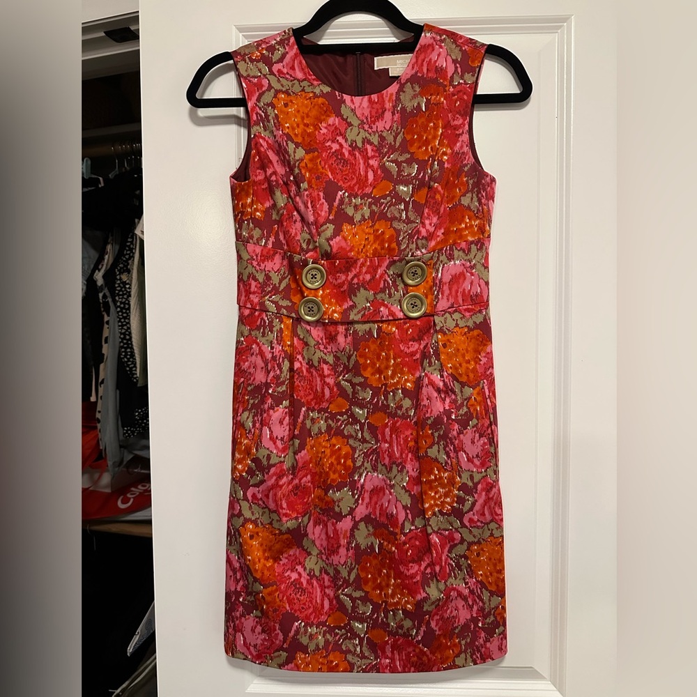 Michael Kors Red and Orange Floral Midi Sheath Dress